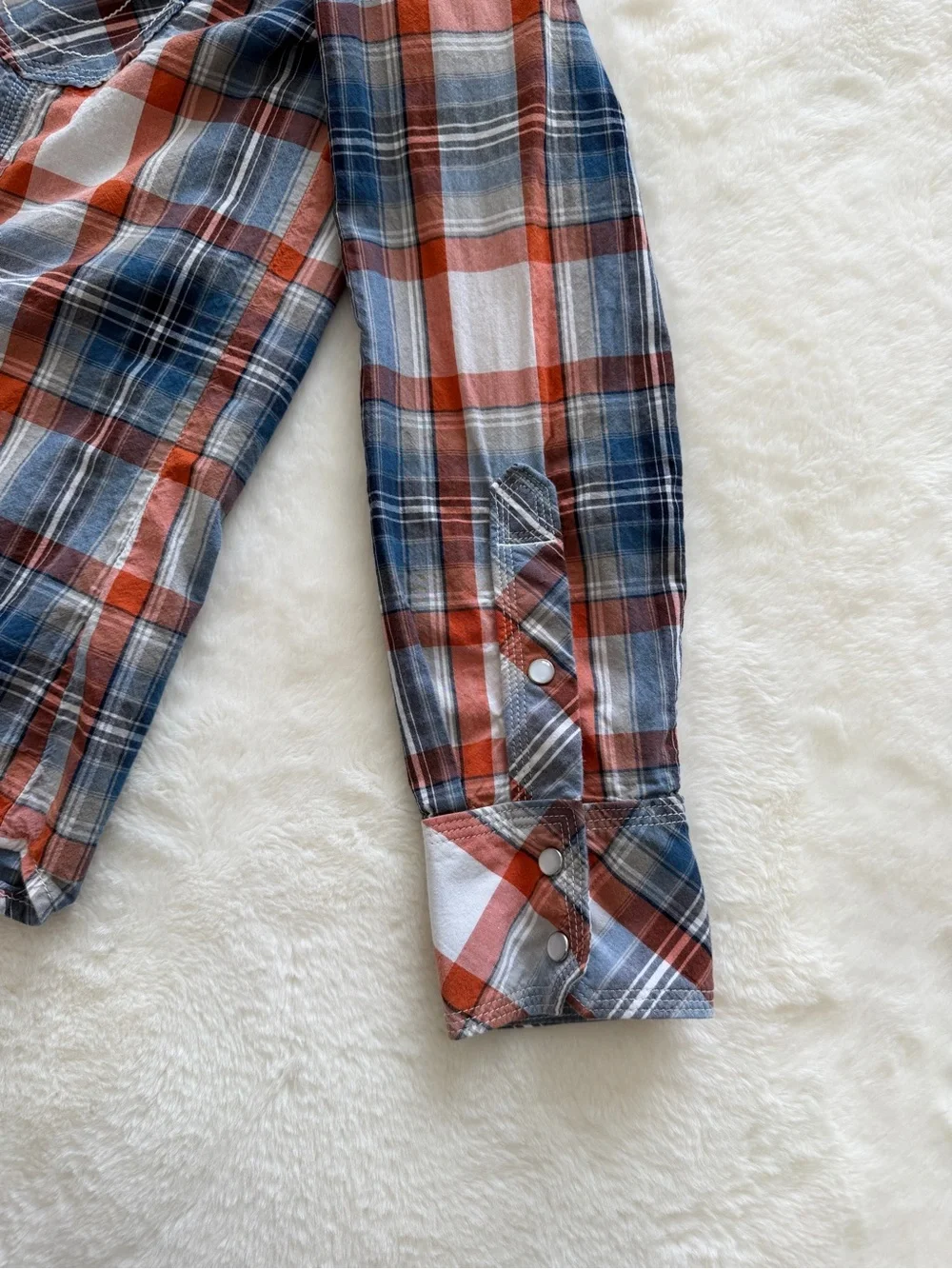 True Religion Men’s Orange and Blue Plaid Button Down Shirt
